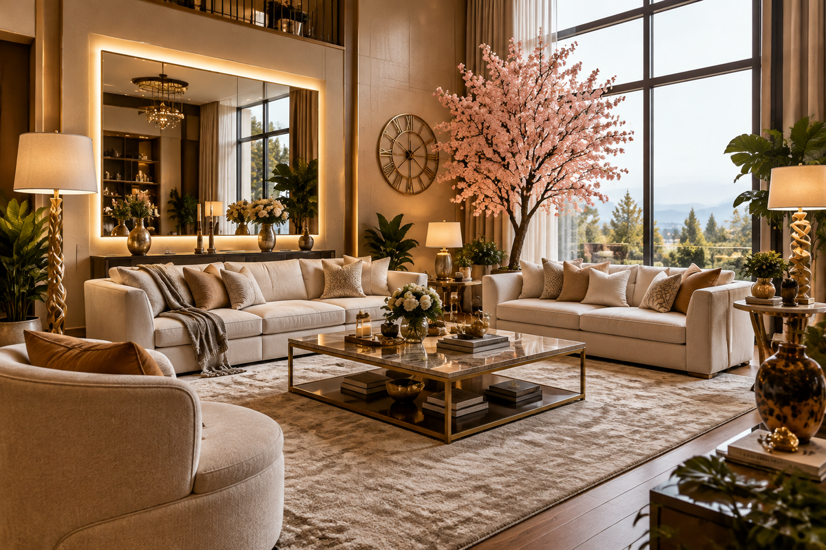 Living room elegante con árbol de cerezo